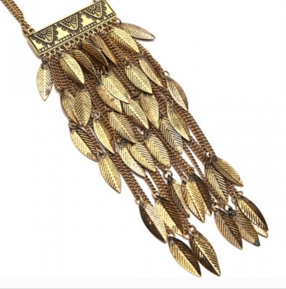 Gold Tone Long Leaf Boho Necklace - Picture 3 of 4